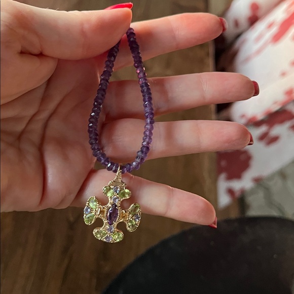 Multi Gemstone 14K Gold Cross Pendant - Picture 3 of 6